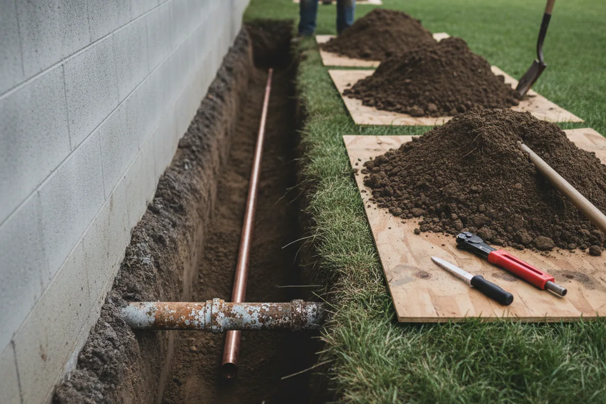 Excavated water line trench during Water Softener Installation in Hemet